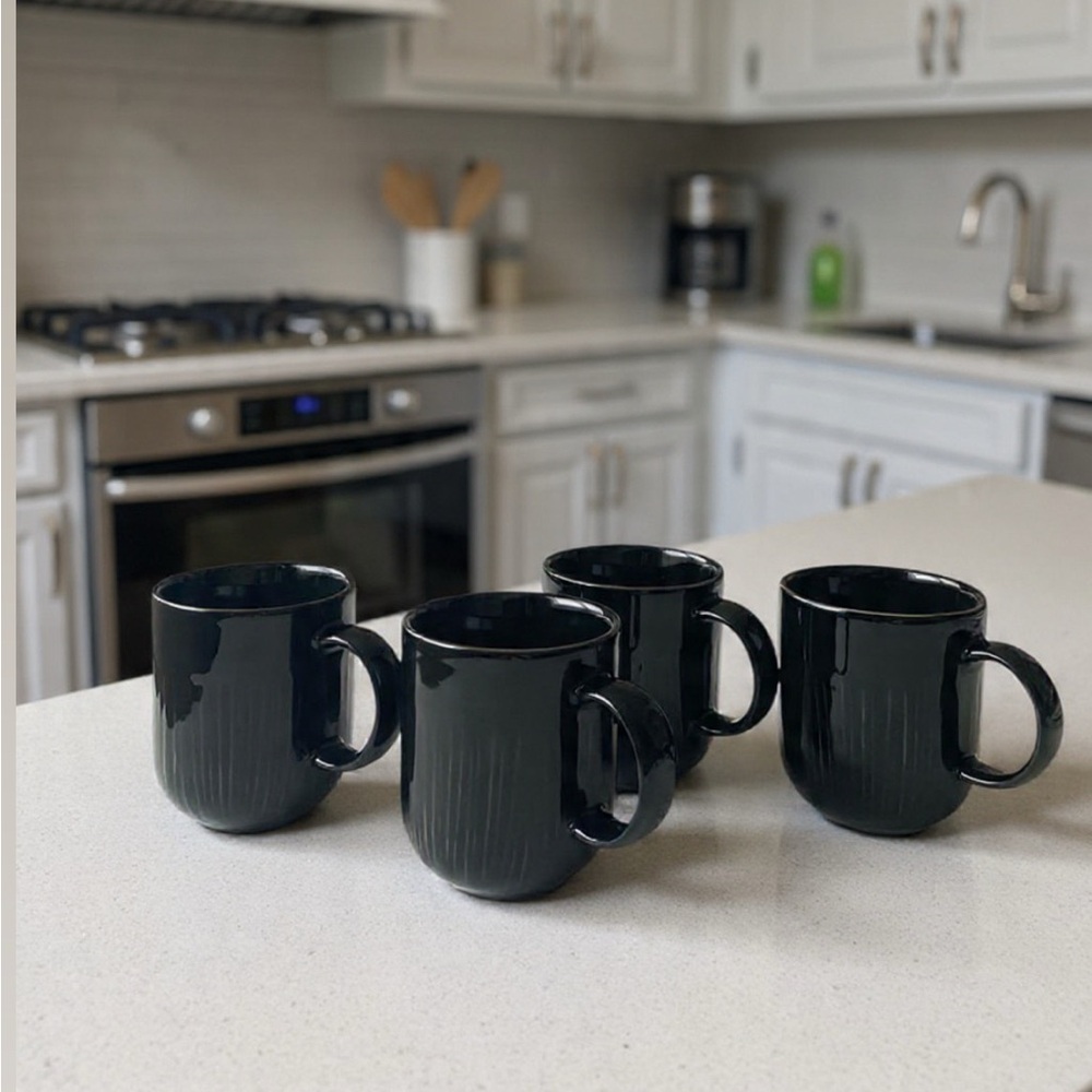 Dansk Bistro Black Ribbed Coffee Mugs Cups Set Of 4